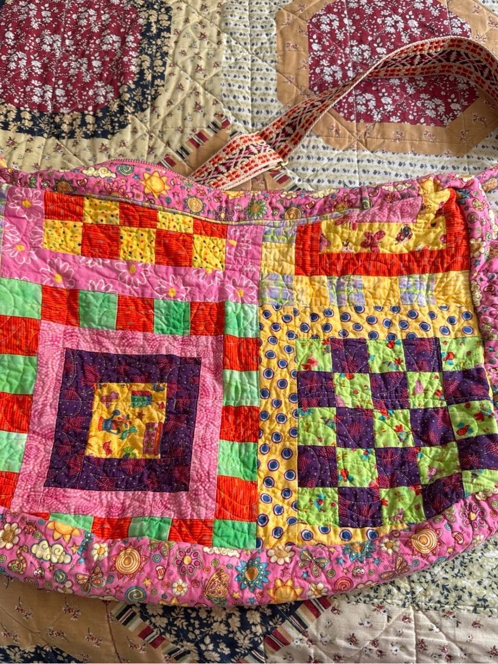 Colorful Patchwork Quilted Tote Bag - Pink, Yellow, Green, Purple